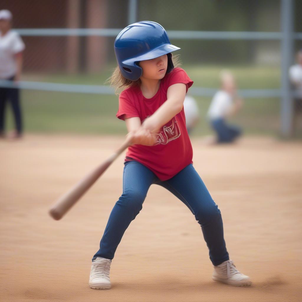 Action shot of a girl hitting a baseball in a sandlot game