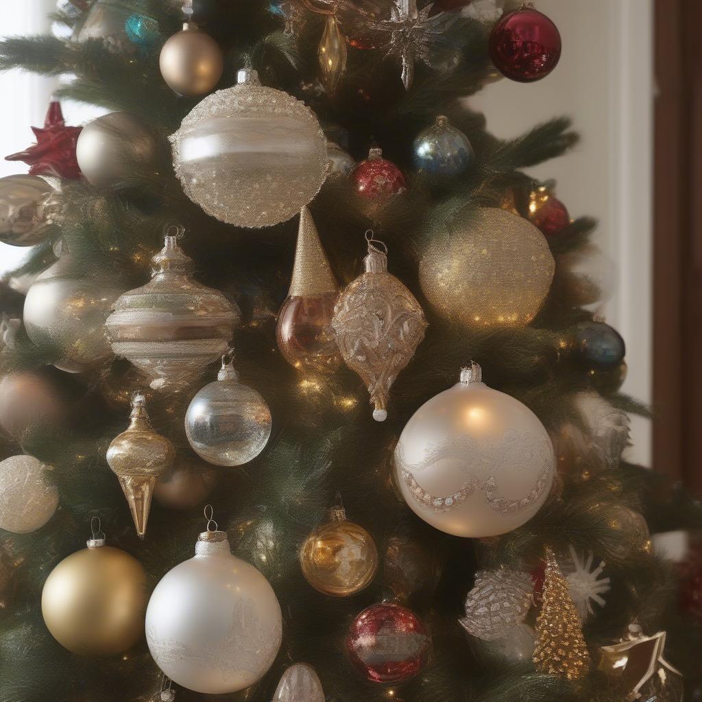 Glass finial ornaments adorning a Christmas tree, adding a touch of sparkle and elegance to the festive décor.