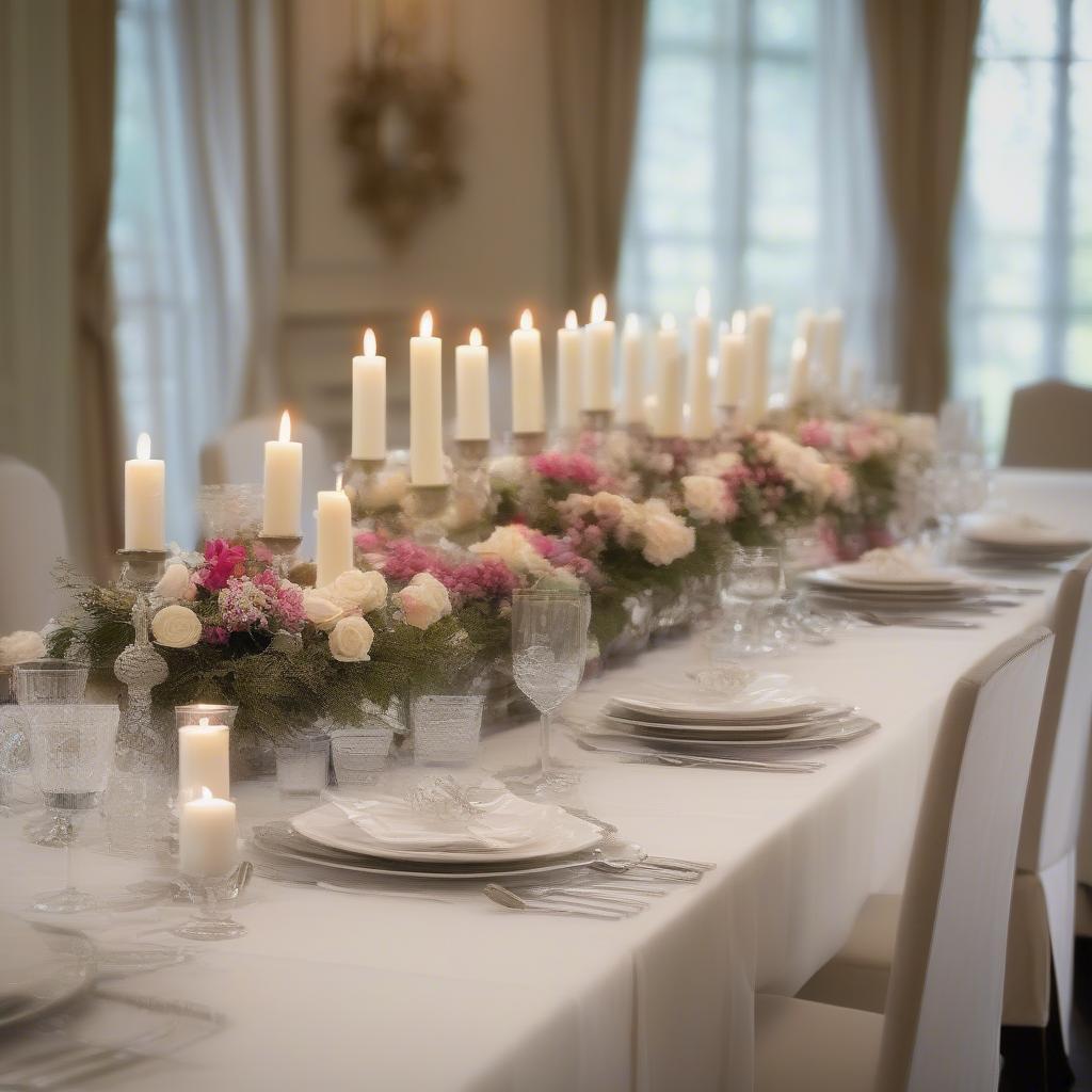 A beautifully arranged table centerpiece featuring glass finial ornaments, adding a touch of elegance to the setting.