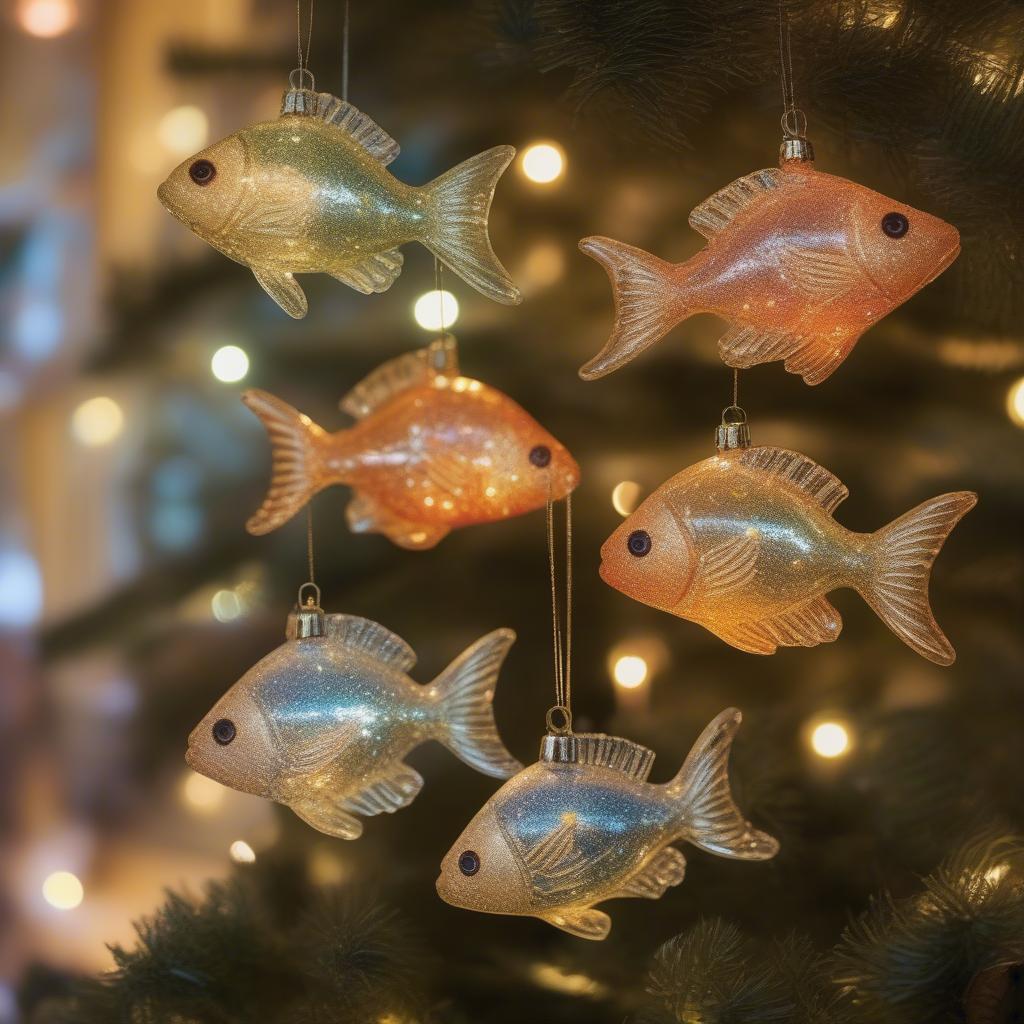 Glass fish ornaments hanging on a Christmas tree, sparkling in the warm glow of holiday lights