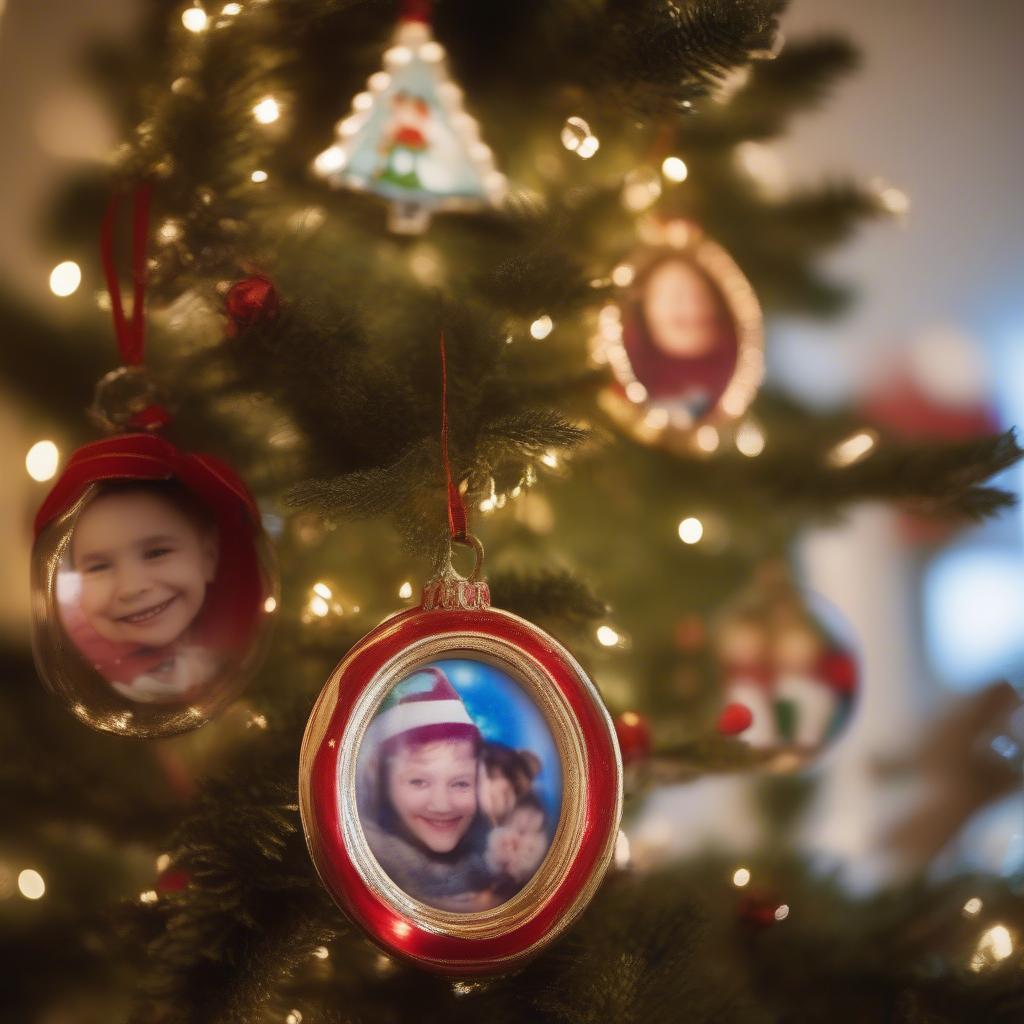 Glass picture frame ornaments hanging on a Christmas tree, showcasing family photos and festive decorations.