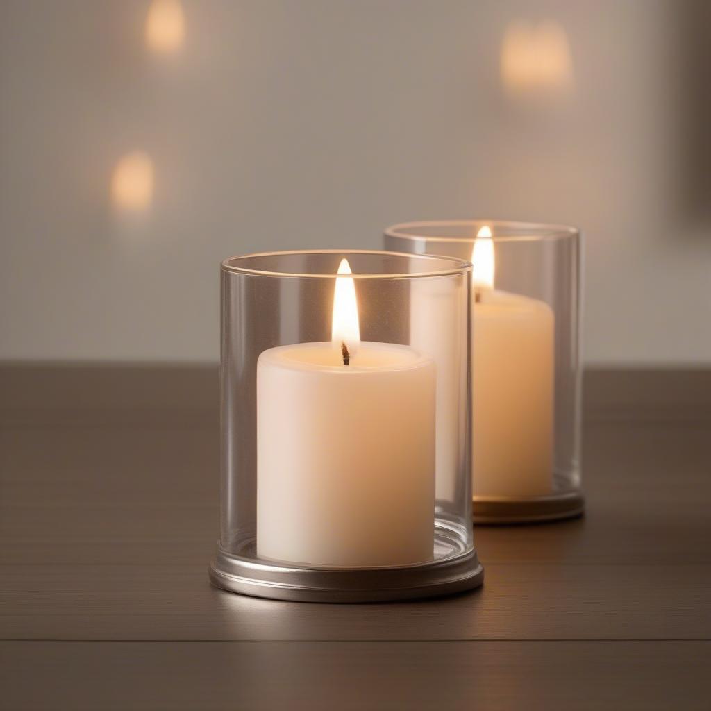 Close-up image of a lit glass votive holder, highlighting the warm glow and the play of light on the glass.