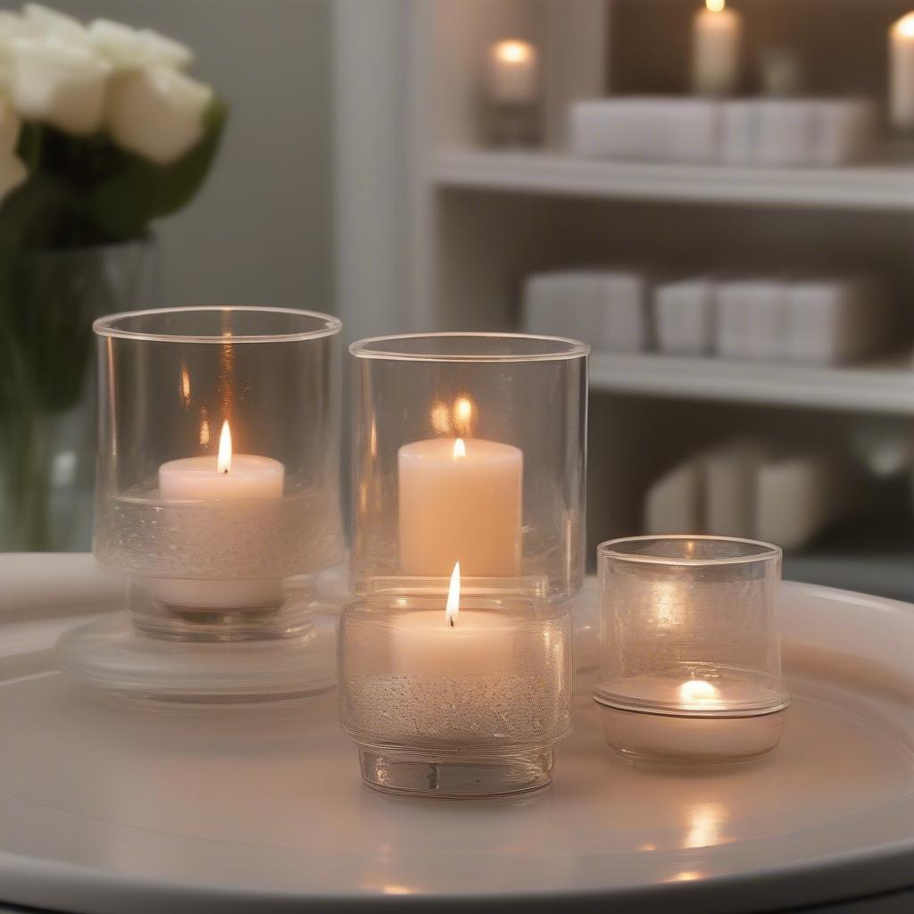 Glass votive holders used in various home settings, including dining tables, mantels, and bathrooms.