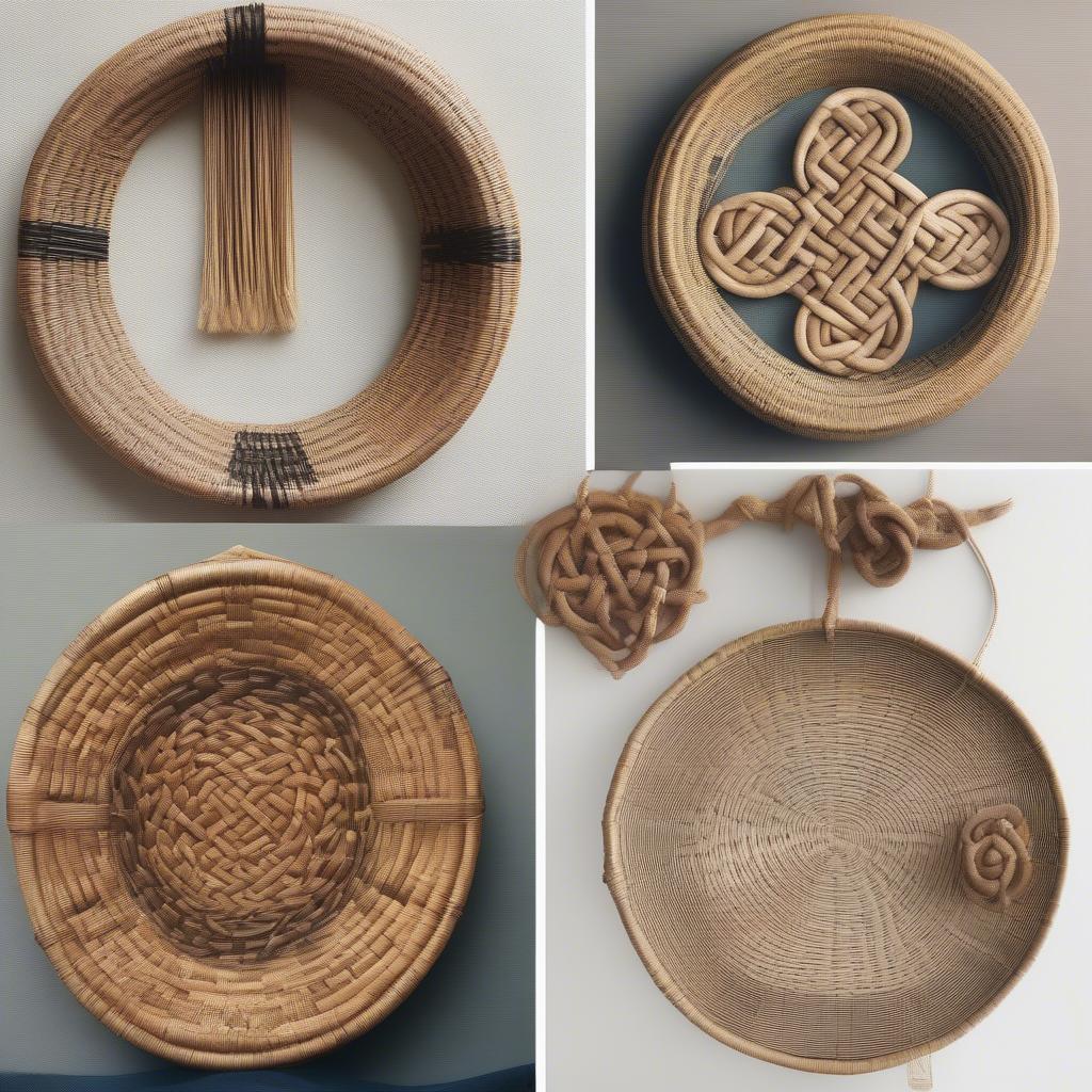 Different wicker and rattan crafts representing brotherhood symbols from around the world, including Celtic knots and African Adinkra symbols.