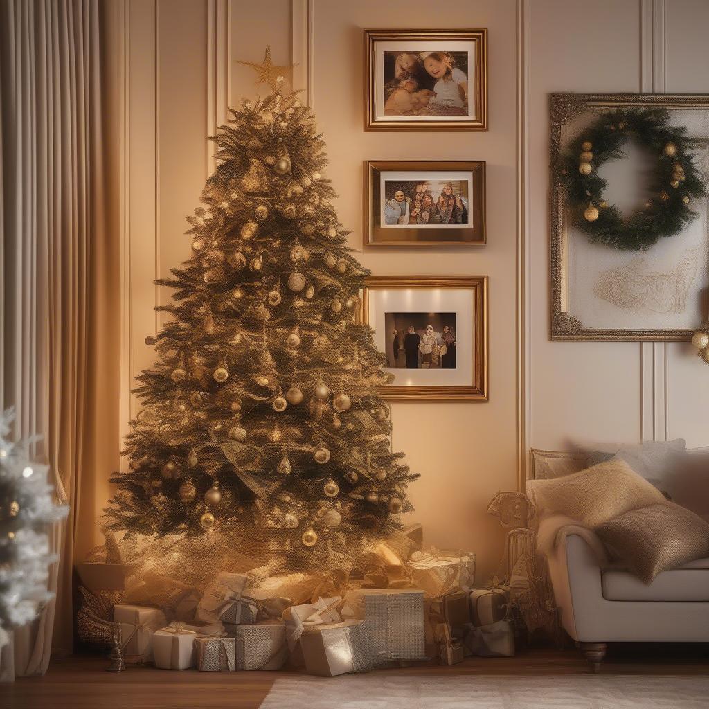 Gold frame ornaments hanging on a Christmas tree