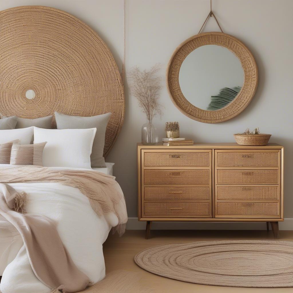 A large gold metal framed rattan mirror hanging above a dresser in a bedroom.