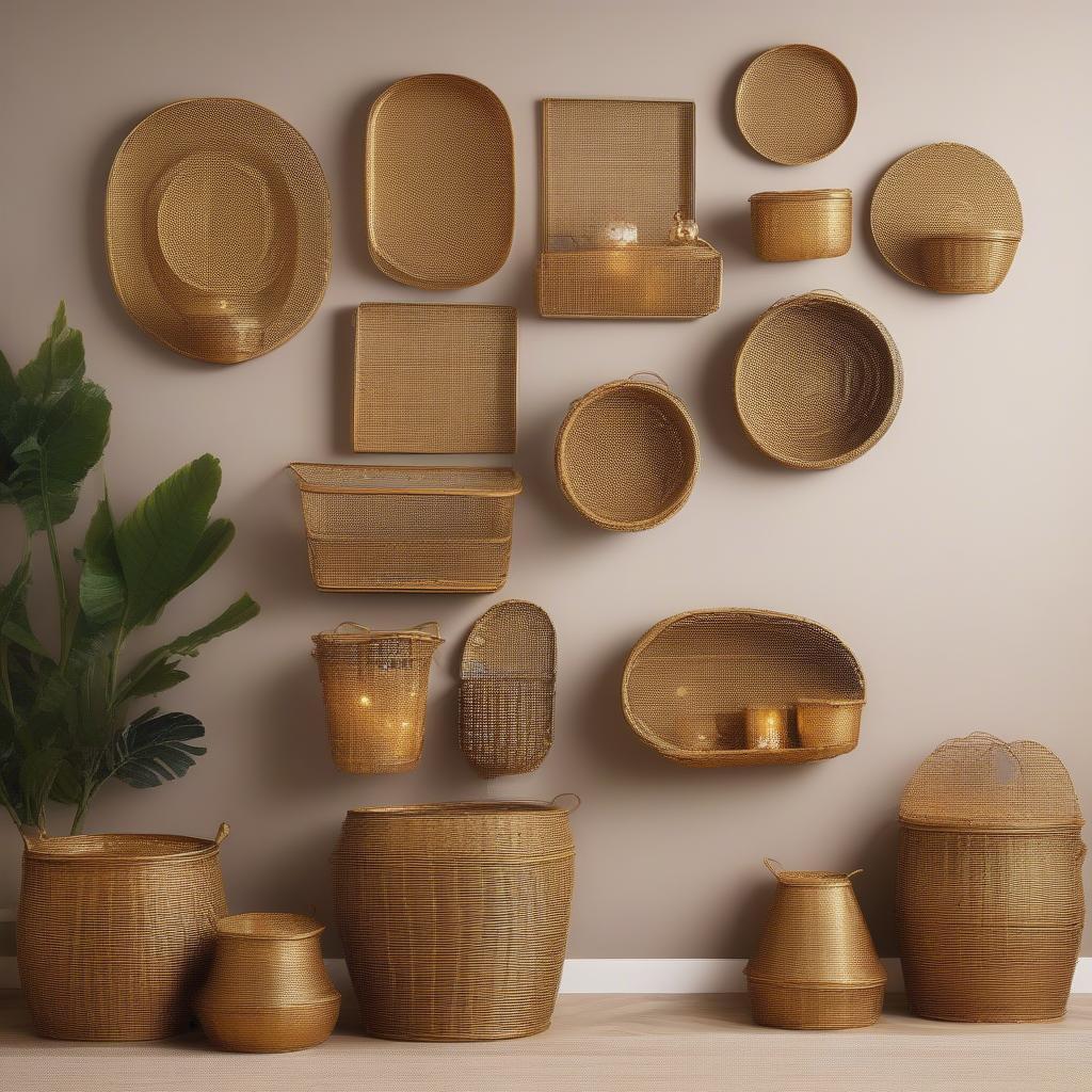 Gold metal wicker baskets adorning a living room wall.