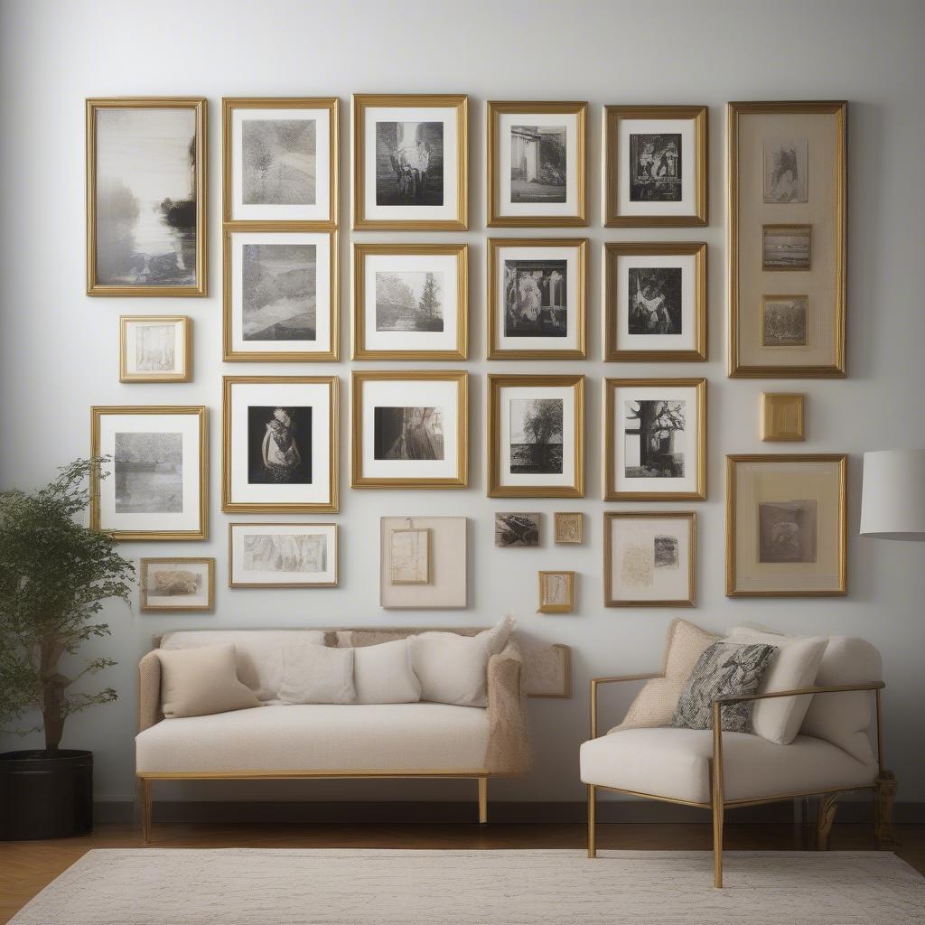 Gallery Wall Arrangement with Gold Picture Frames