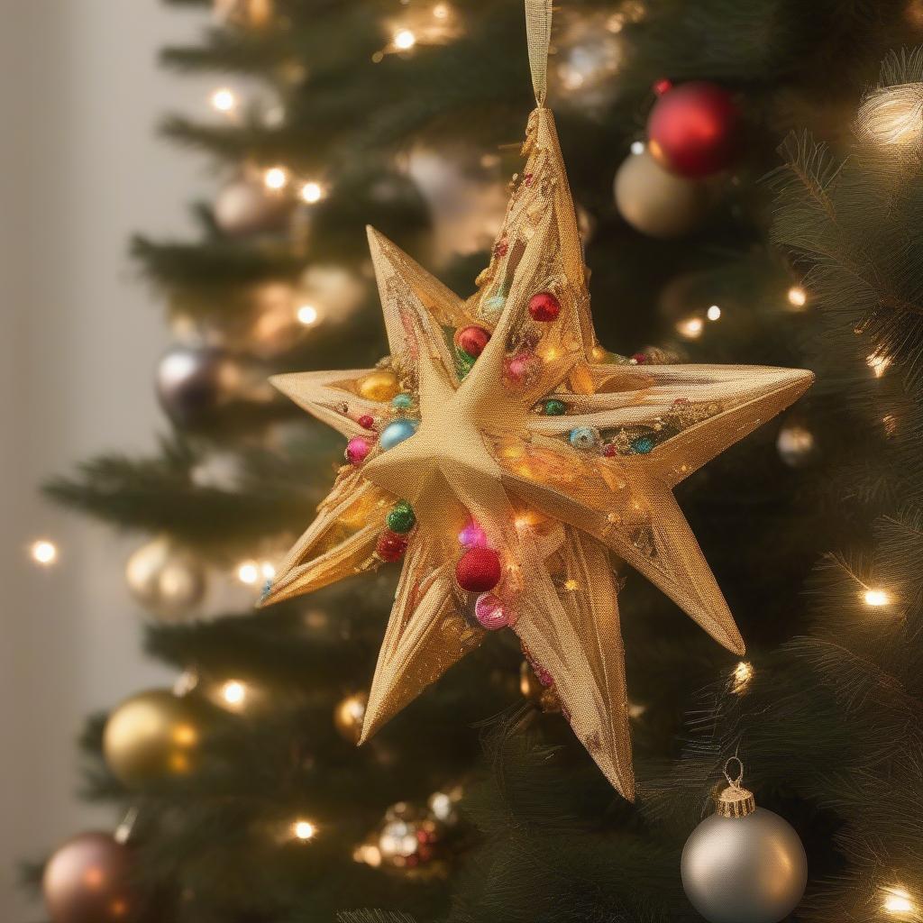 Gold Star Tree Topper on a Traditional Christmas Tree