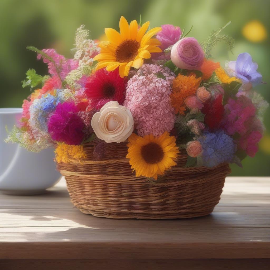 Wicker basket filled with colorful flowers on a sunny morning