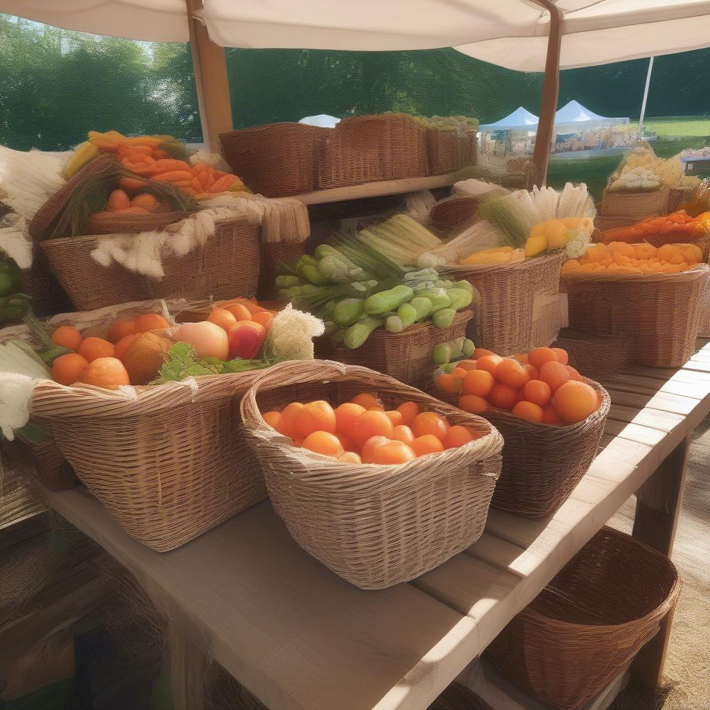 Wicker baskets displayed at a grace wood farm market, showcasing the connection between nature and handcrafted artistry.