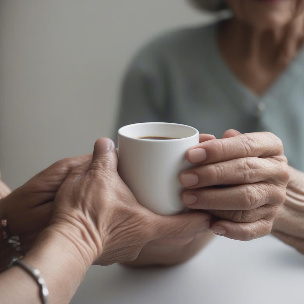 Hands holding a warm grandmother coffee cup.