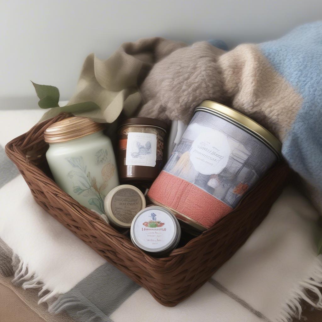 A grandma cup presented as part of a gift set with tea, a cozy blanket, and a framed photo