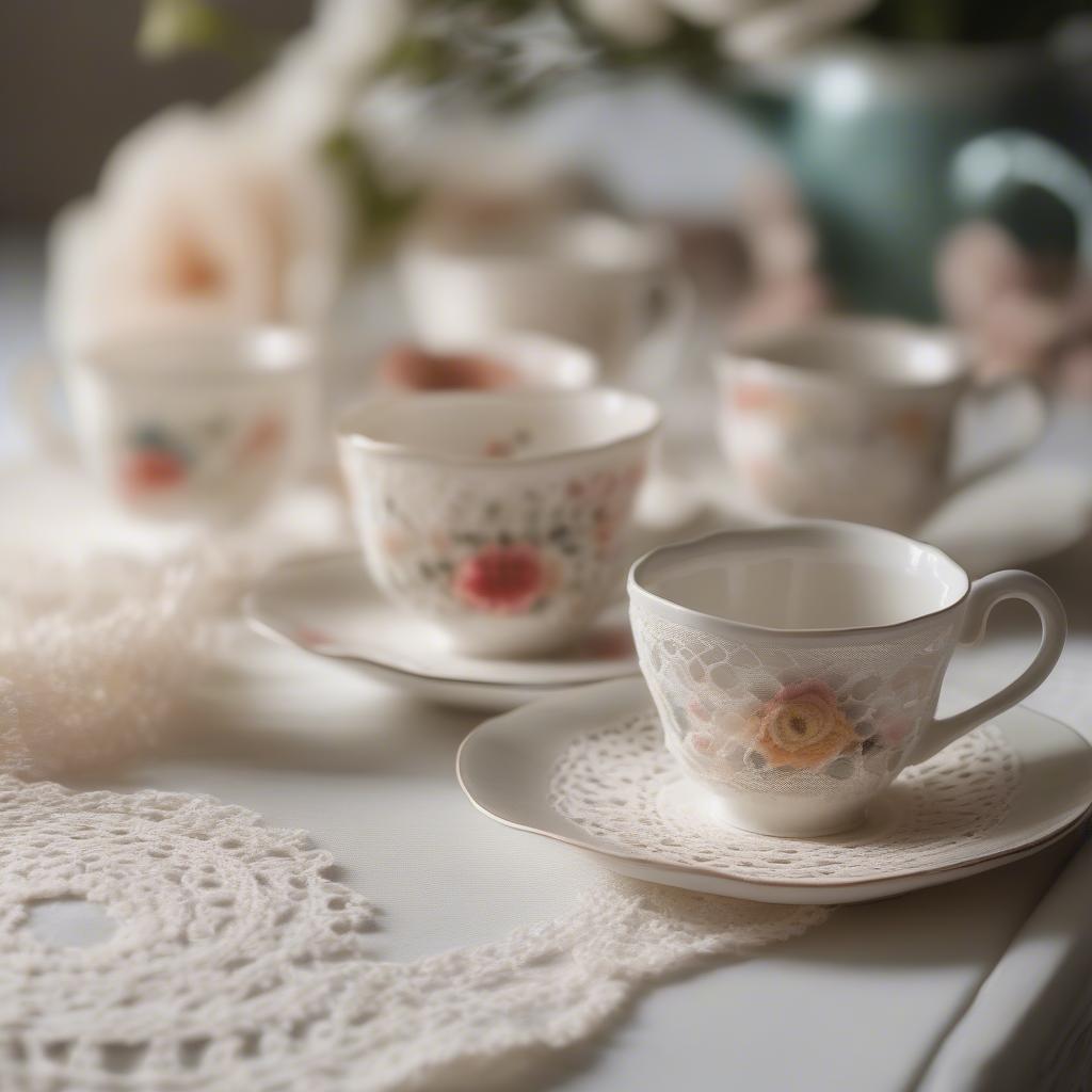 Vintage floral grandmother coffee cups with saucers on a doily.