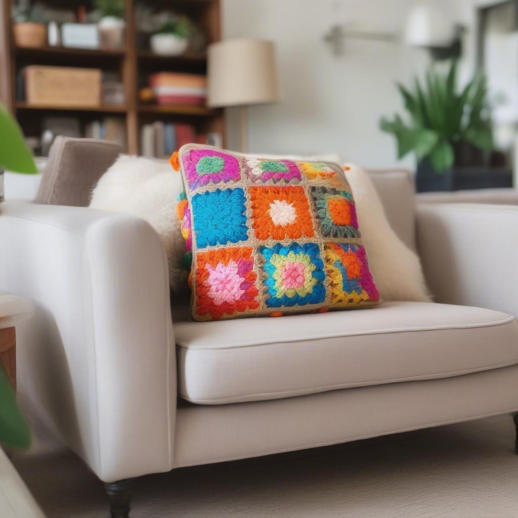 Granny Square Pillow Cover on Sofa