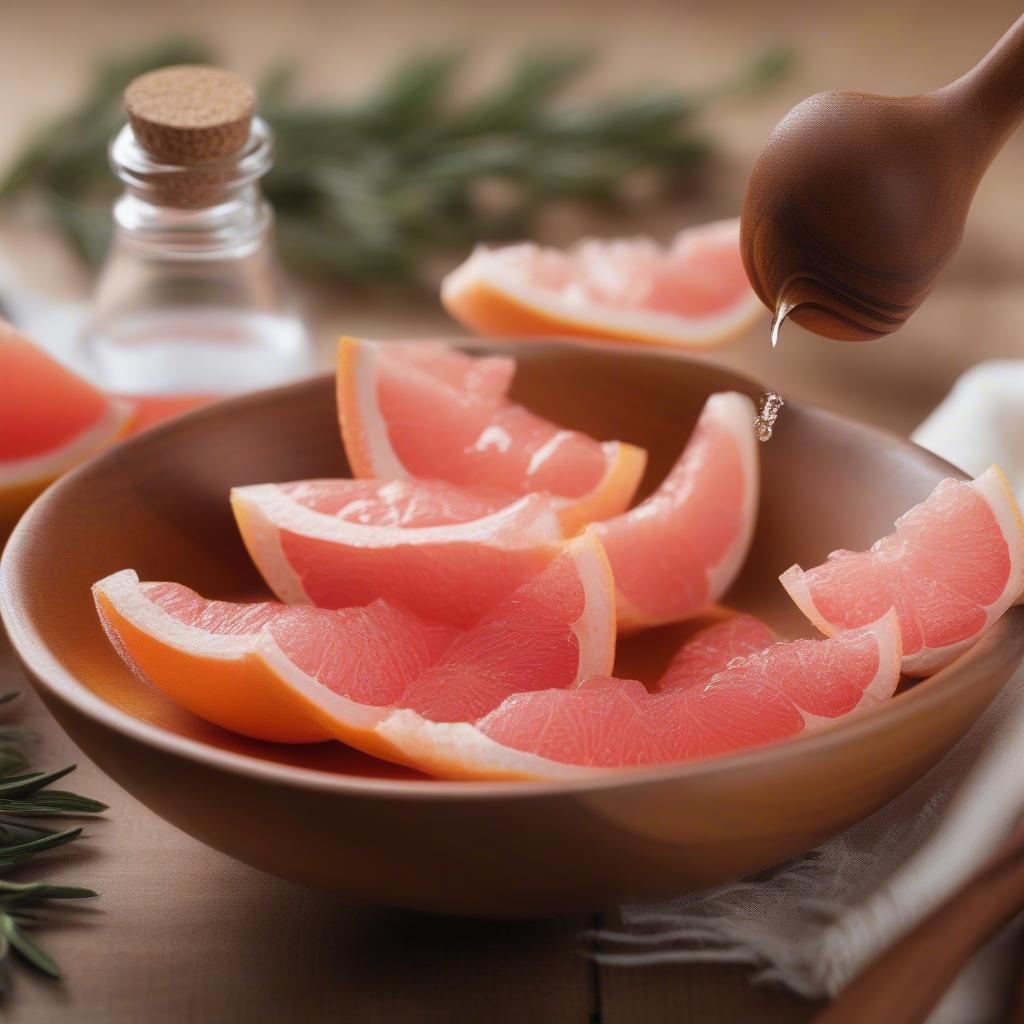 Grapefruit, sugar, and oil ingredients for a homemade sugar scrub