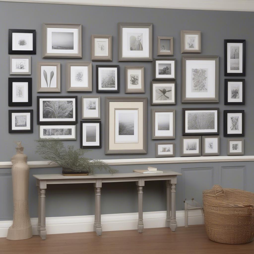 Gallery wall featuring gray wooden frames