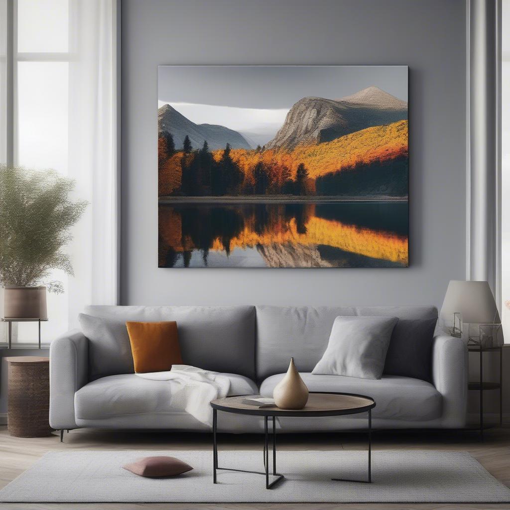 Large canvas print dominating a living room wall, showcasing a vibrant landscape photograph.