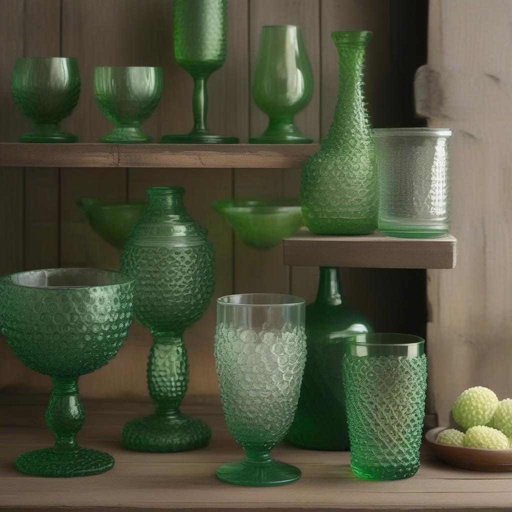 A collection of vintage green hobnail glassware, including drinking glasses, vases, and a serving bowl, displayed on a wooden shelf.