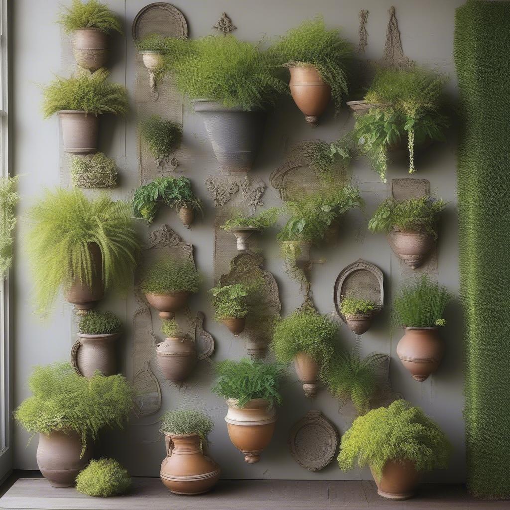 A grouping of antique wall planters creating a vertical garden effect