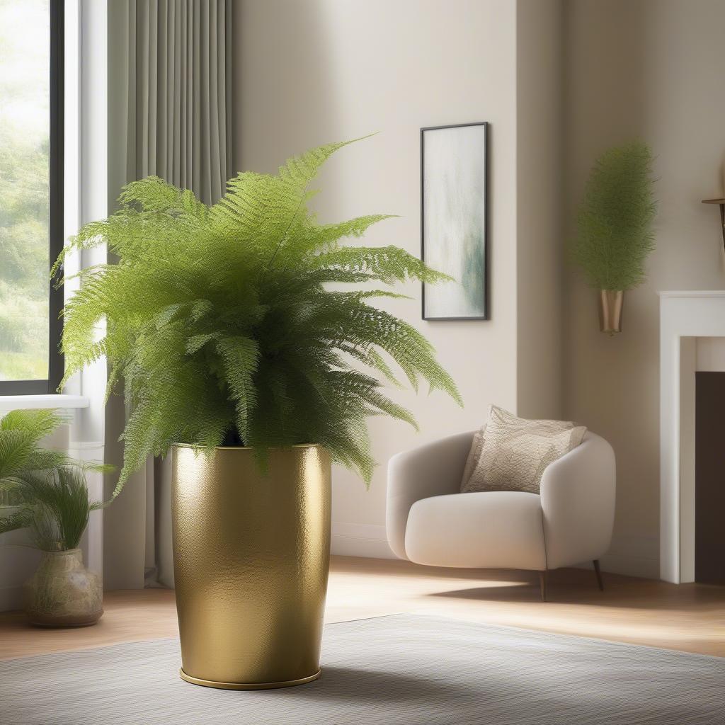 Hammered brass planter with a fern.