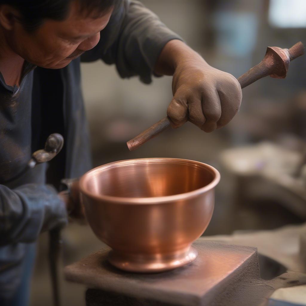 Artisan hammering a copper cup