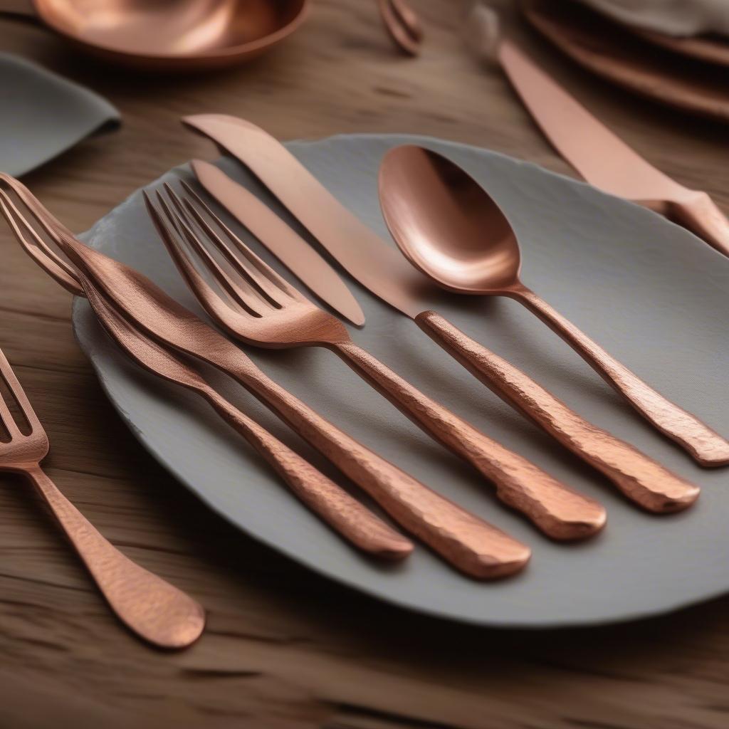 Hammered copper flatware set elegantly displayed on a rustic wooden table, showcasing its unique texture and warm metallic sheen.