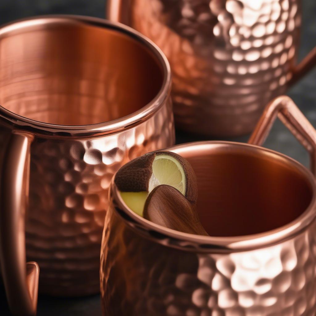 Close-up of hammered copper Moscow mule mugs showcasing the intricate texture and reflecting light.