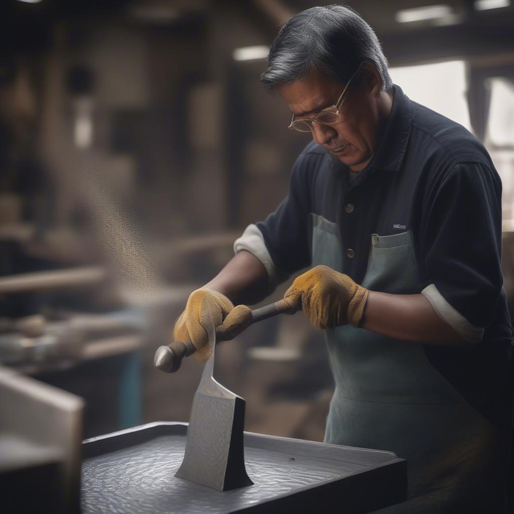 Artisan hammering a metal tray