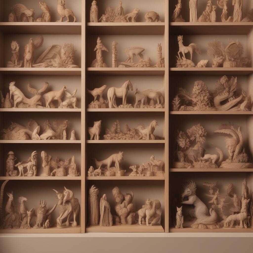 Hand-Carved Wooden Figurines on a Display Shelf