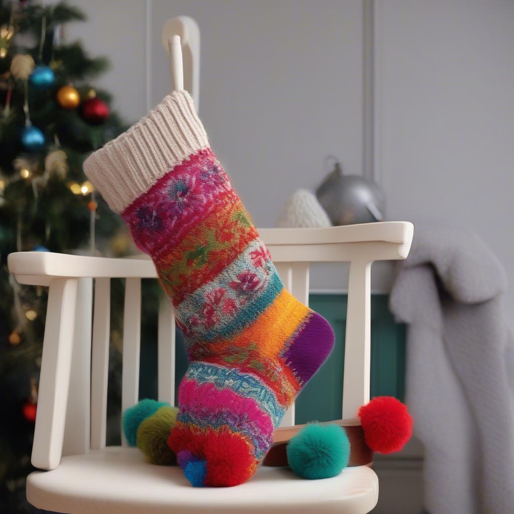 Hand-Knitted Christmas Stockings with Colorful Pom Poms