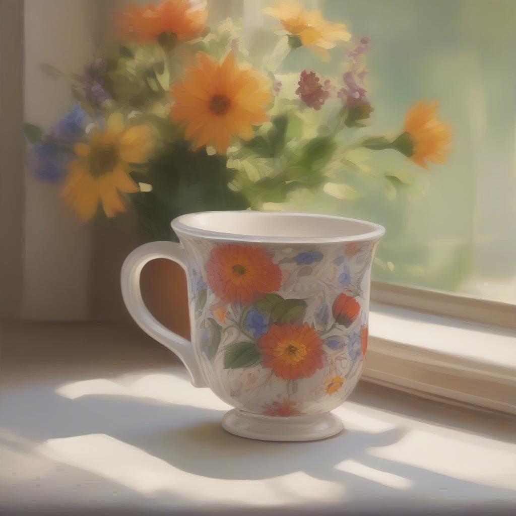 Enjoying a Beverage in a Hand Painted Floral Mug in a Cozy Setting