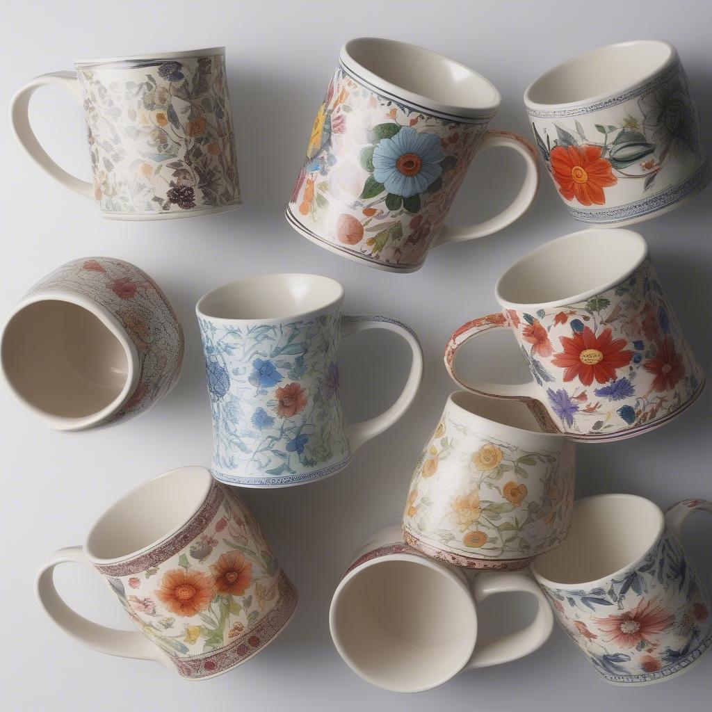 Various Hand Painted Floral Mugs Showcasing Different Styles and Floral Designs