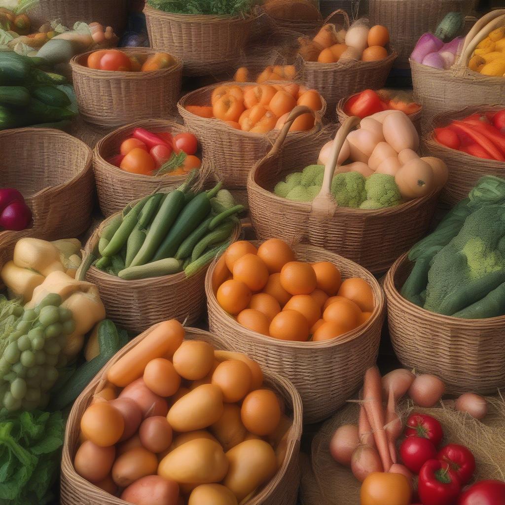 Handcrafted wicker baskets filled with fresh produce at a grace wood farm market.