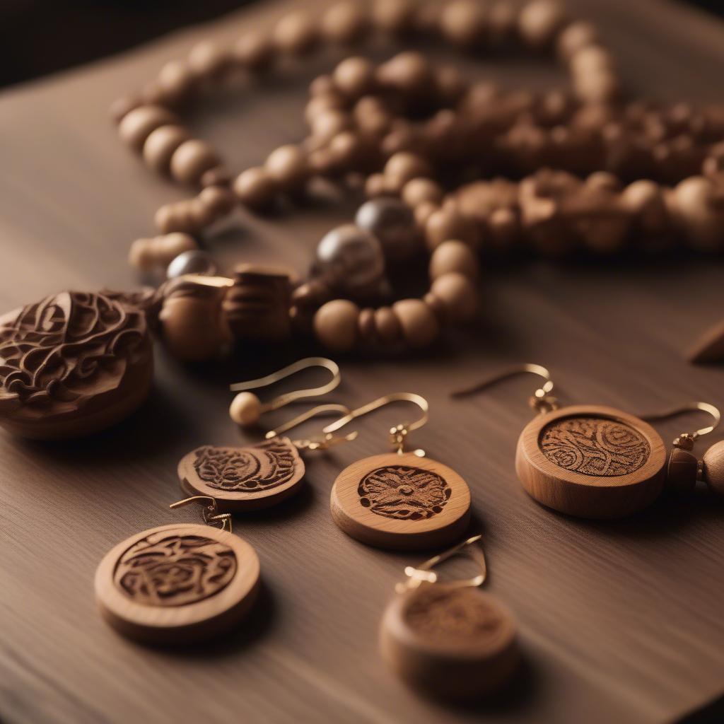 Handcrafted Wood Jewelry Photography: Stunning close-up of handcrafted wooden jewelry, highlighting the intricate detail and natural beauty.