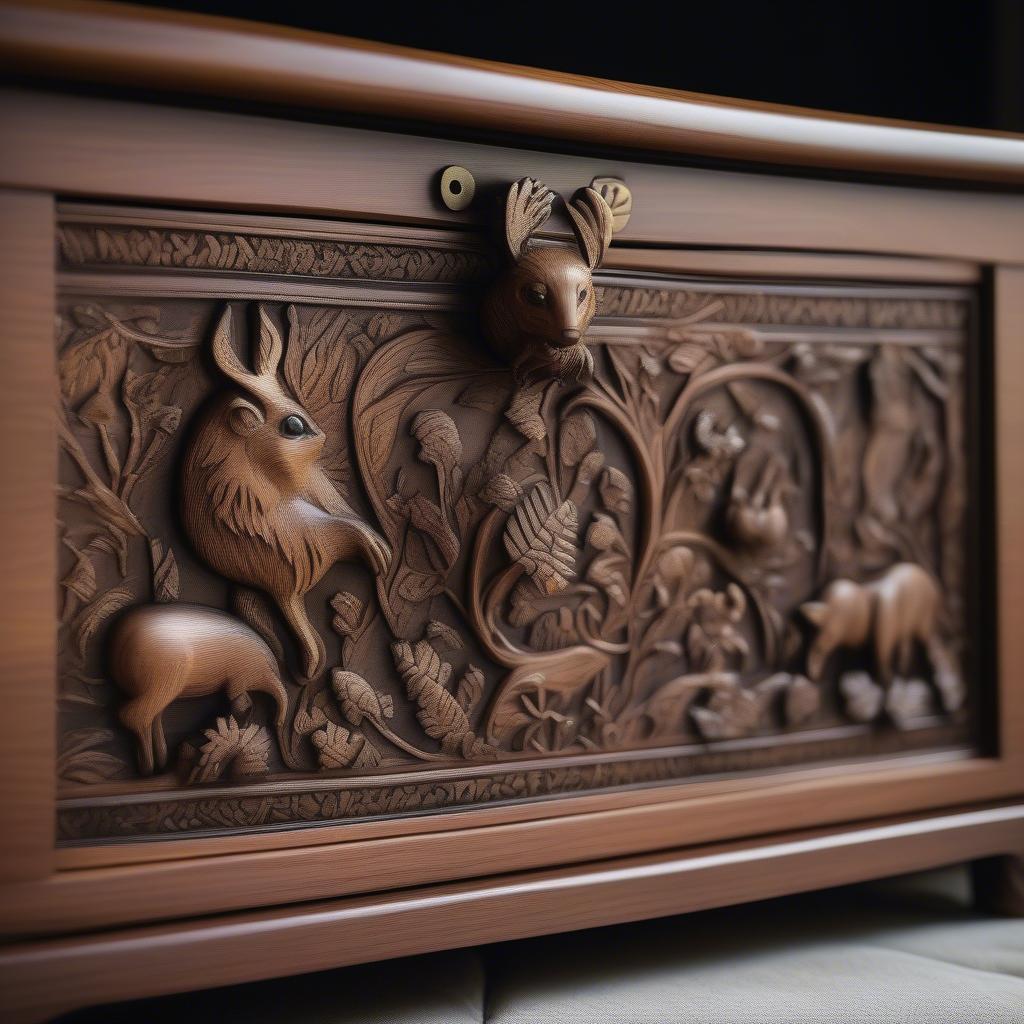 Classic design handcrafted wooden toy chest with intricate carvings and antique brass hardware