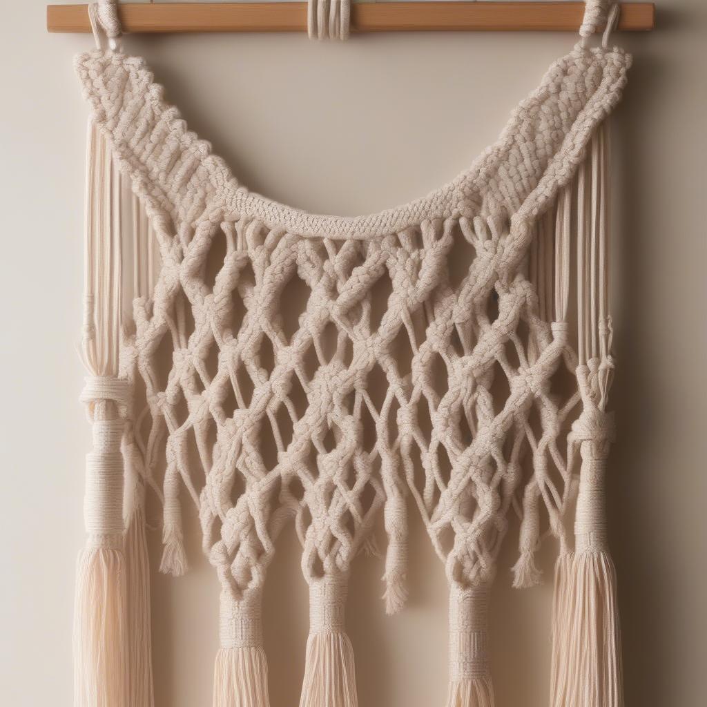 Handcrafted macrame wall hanging with intricate details, adding a bohemian touch to a bedroom.