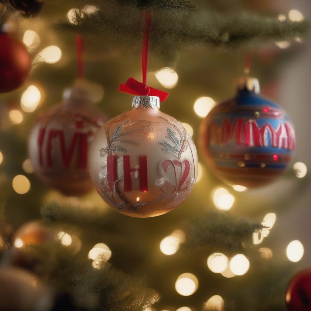 Handmade Personalized Christmas Ornaments: Close-up of intricately designed, personalized ornaments hanging on a Christmas tree, showcasing the craftsmanship and unique details.