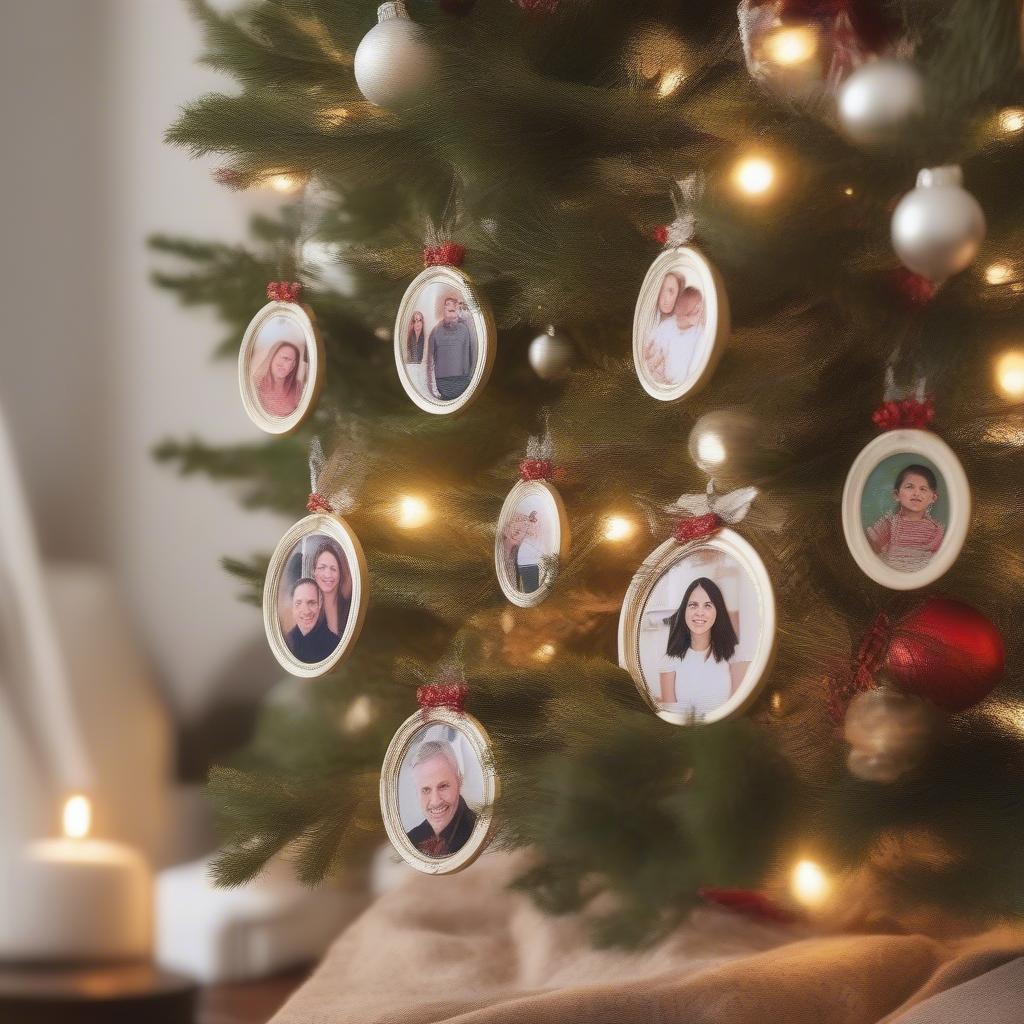 Handmade photo ornaments adorning a Christmas tree