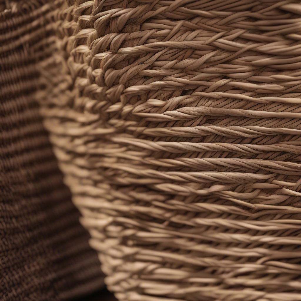 Close-up view of a handmade wicker basket, highlighting the texture and detail of the woven material.