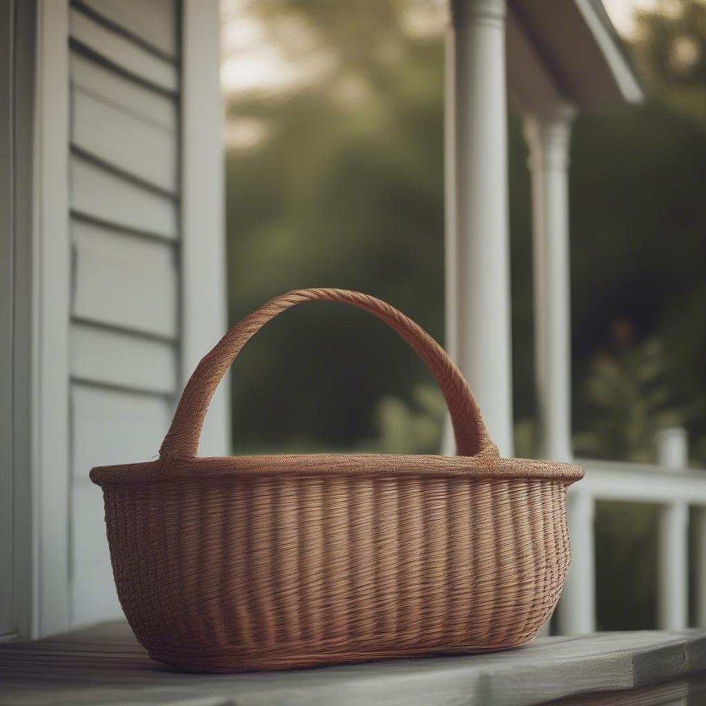 A handmade wicker basket resting on a peaceful porch symbolizes finding joy in simple moments.