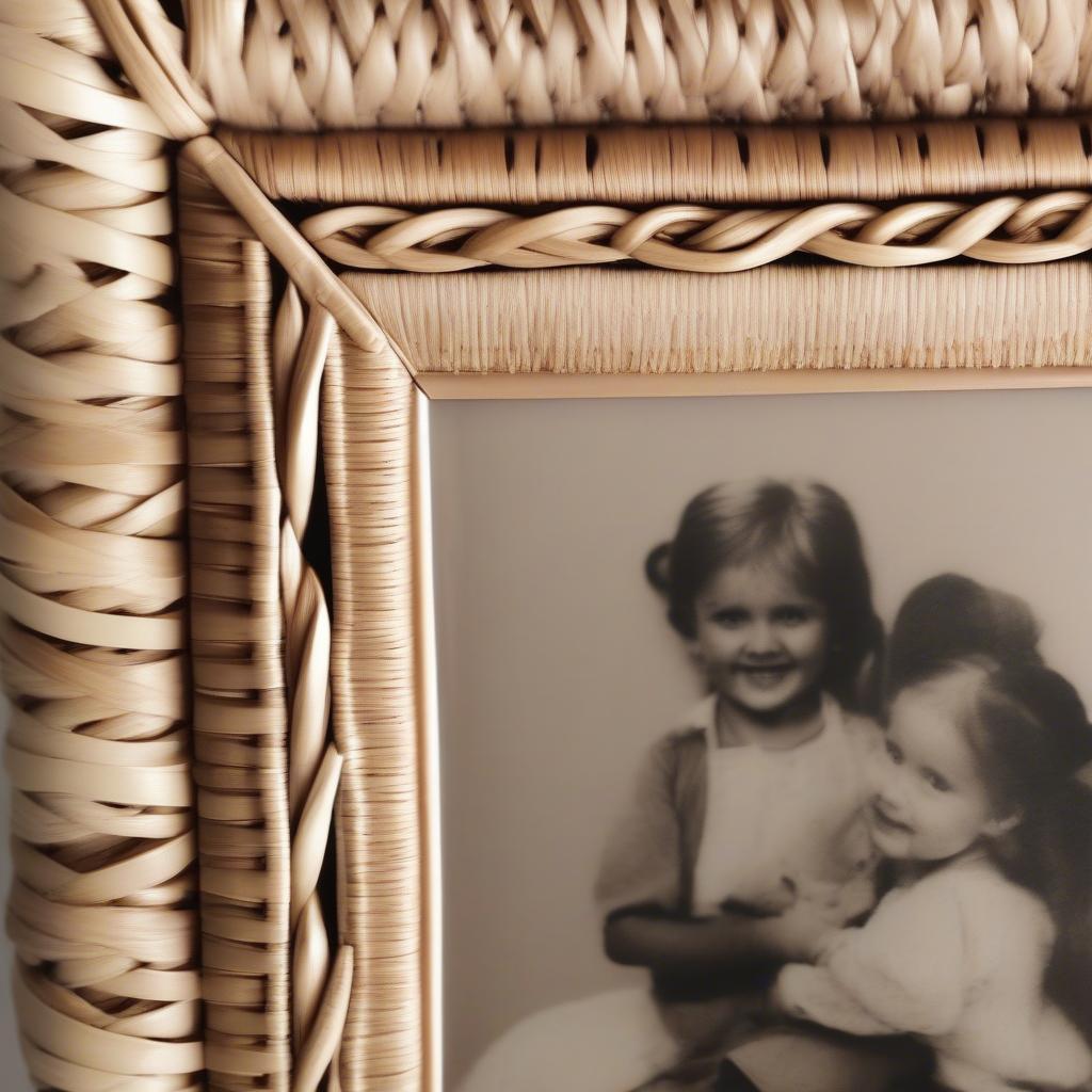 Intricately woven wicker photo frame displaying a family portrait.