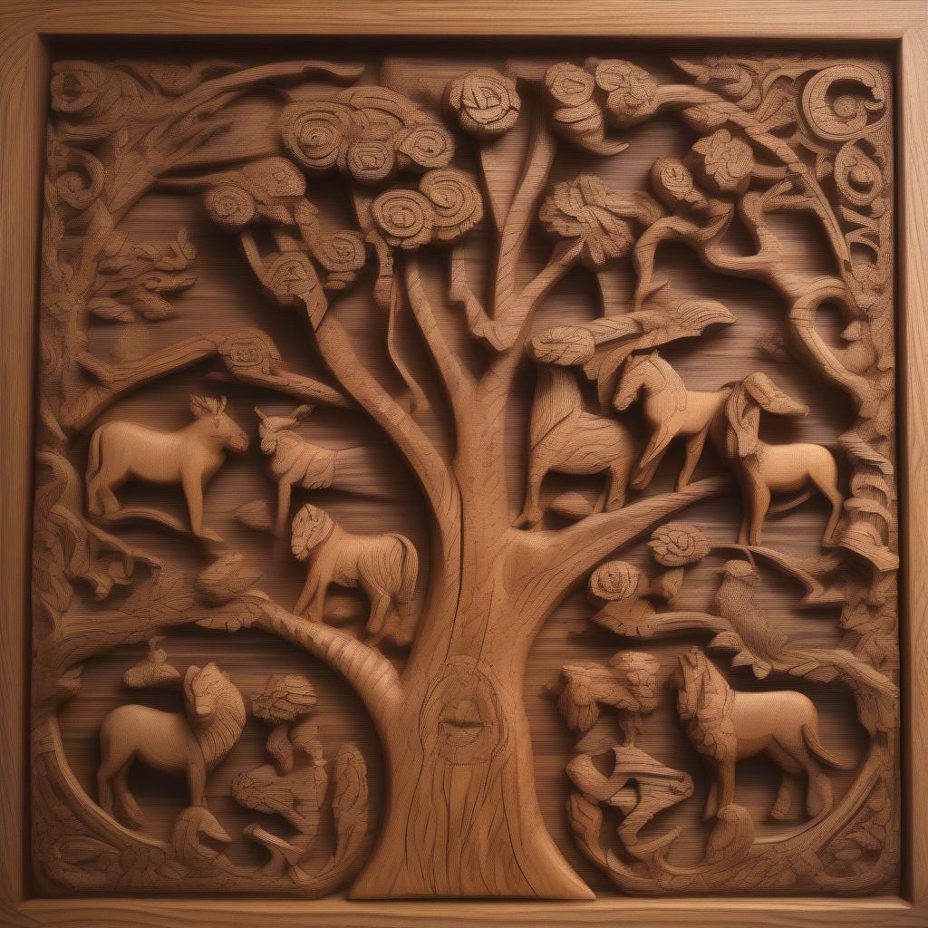 Close-up of a handmade family wooden wall hanging, highlighting the intricate carving and wood grain.