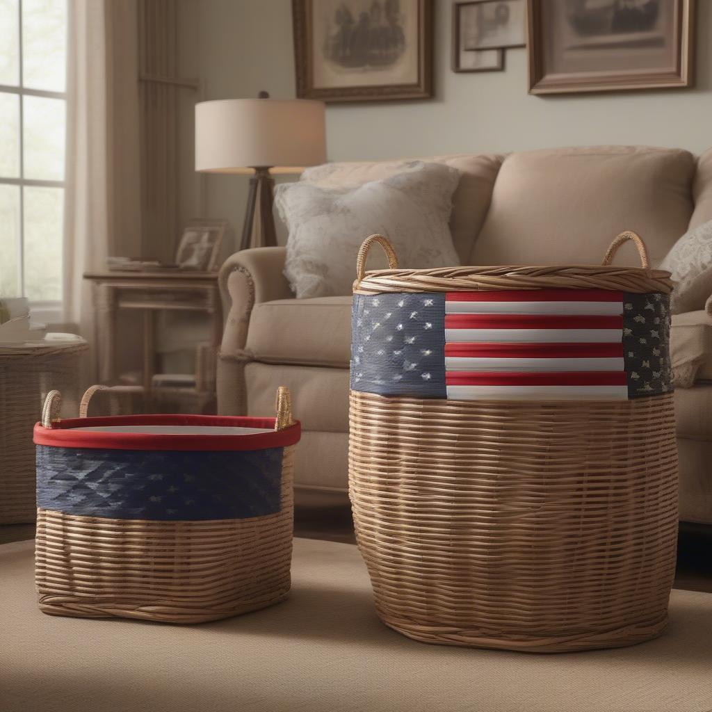 Handwoven rattan basket with a Lincoln theme