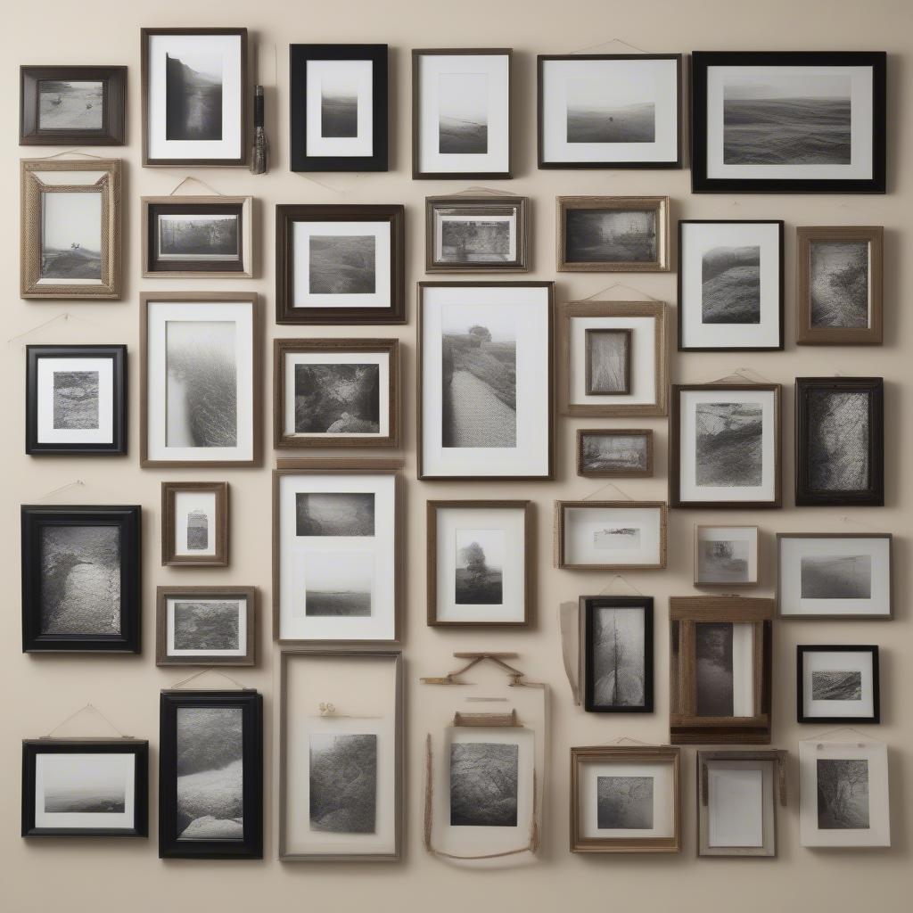 Creating a gallery wall with multiple 8x10 picture frames, using different hanging techniques and layouts.