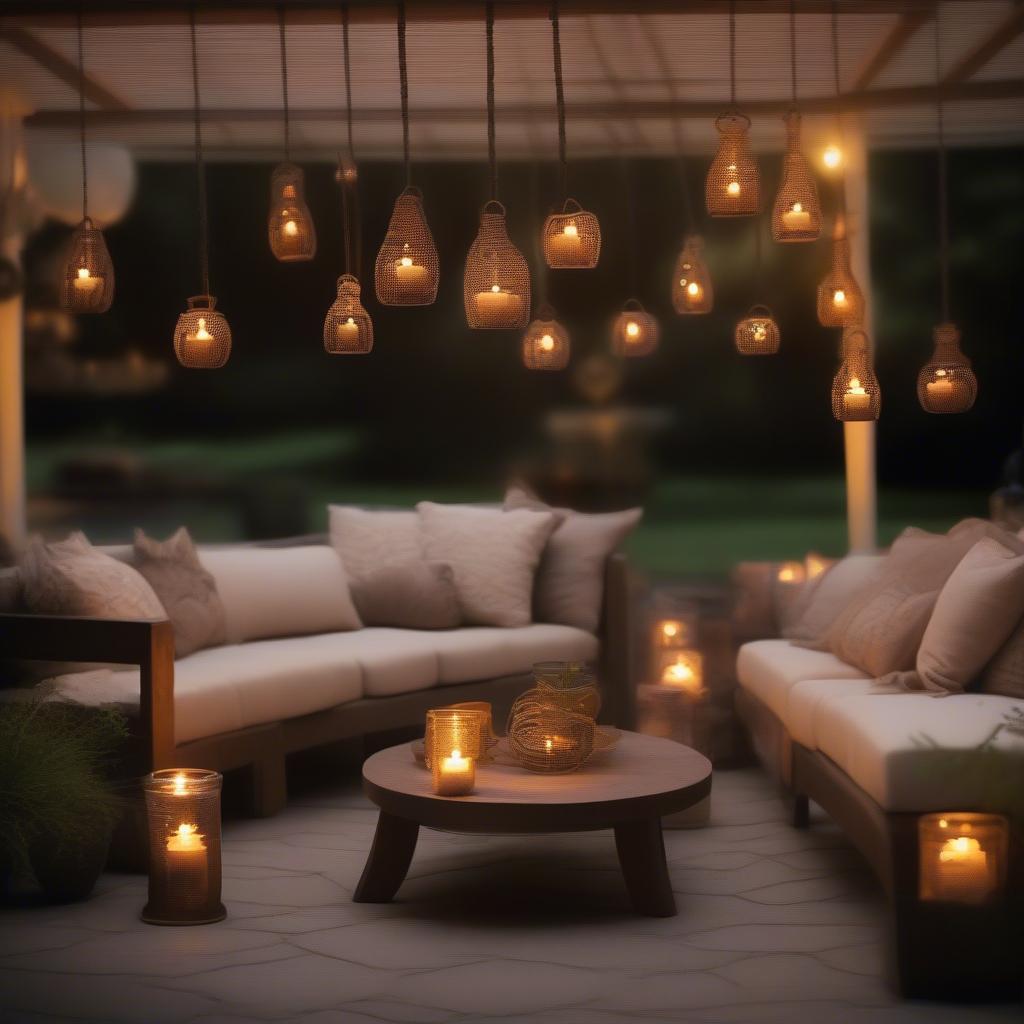 Hanging candle holders illuminate a patio, creating a warm and inviting atmosphere for an evening gathering.