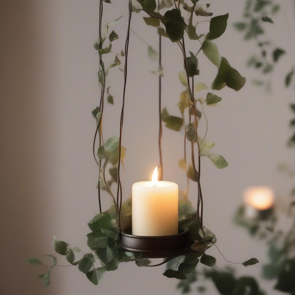 Hanging candle holders adorned with greenery create a romantic and natural ambiance in an outdoor setting.