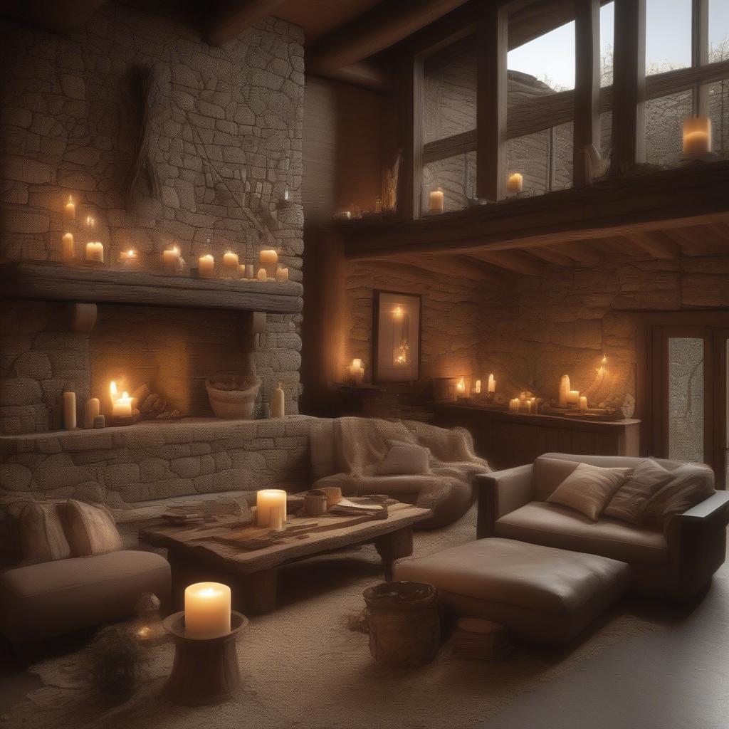 Hanging candles illuminate a rustic living room, casting a warm glow on the wooden furniture and textured walls