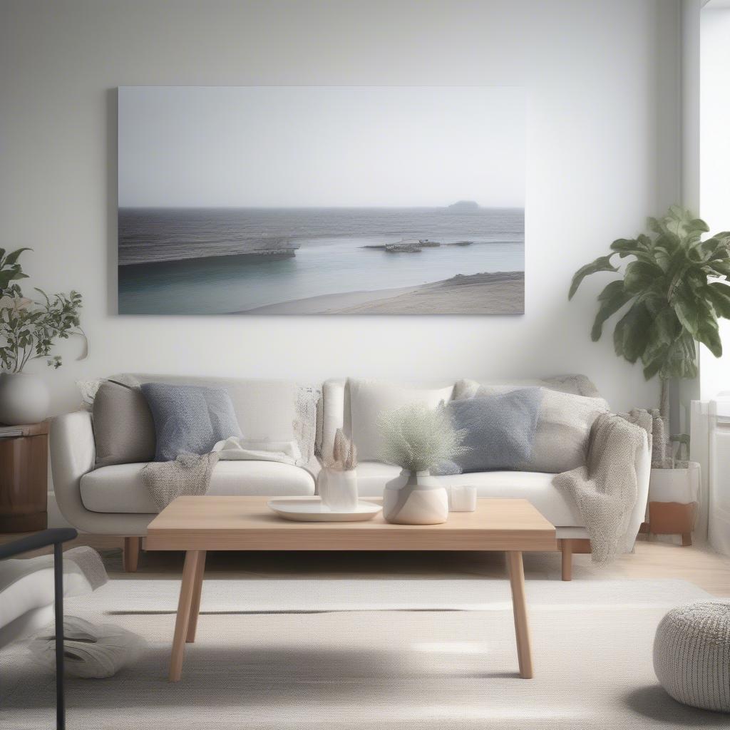 Hanging a canvas print with command strips in a modern living room.