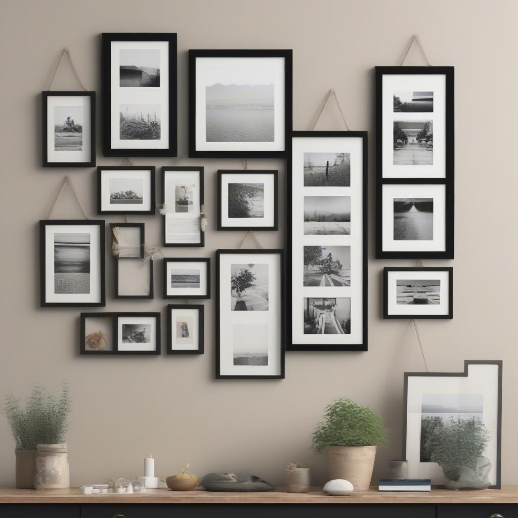 Hanging collage picture frames 8x10 on a wall in various arrangements.